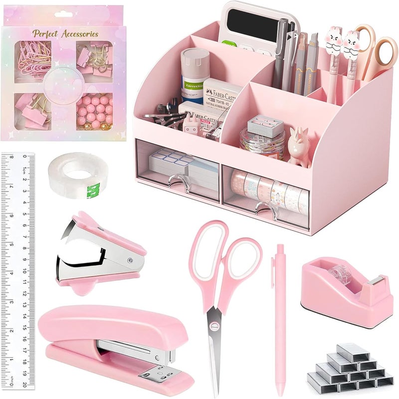 COMFYROOM Pink Desk Accessories with Pen Holder, Pink Office Supplies Desk Organizers and Accessories for women, Tape Dispenser, Stapler, Staple Remover, Staples, Clips Set, Ruler, Scissor, Pen, Tape - Image 1